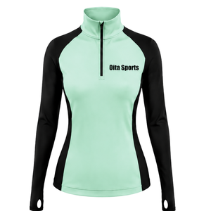 Women Quarter Zip Athletic <b>Top</b> <b>Mint</b> <b>Green</b> Long Sleeve Fitted Sports Training Shirt High Collar Thumbhole Performance Activewear - Product Image 1