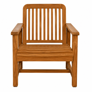 Chaise de jardin moderne en teck massif avec dossier à lattes verticales, accoudoirs larges, pieds sabre, imperméable et écologique - Product Image 1