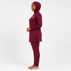 Ensemble Burkini Modeste Femme Décontracté Manches Longues Col Roulé Couleur Unie Bordeaux Séchage Rapide Spandex Polyester Couverture Complète Écologique - Product Image 4