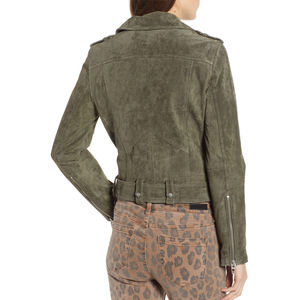 Olive Green <b>Suede</b> Moto <b>Jacket</b> Full Sleeve Turn-down Collar Zipper Closure Autumn Regular Fit Solid Color Women's <b>Jacket</b> - Product Image 2