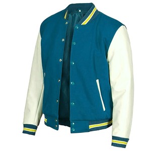 Men's Blue White Varsity Jacket Cotton Canvas Sleeve Regular Fit Mandarin Collar <b>Covered</b> <b>Button</b> Closure Casual Winter Wear - Product Image 1