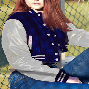 Blouson Bomber Femme Style Universitaire Bleu Marine et Gris avec Manches en Similicuir – Veste Décontractée Tendance pour Dames - Product Image 3