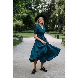 เดรสยาวทรงวีคอ แขนพอง ผ้าฝ้ายรักษ์โลก ทรงหลวมสบาย พร้อมเข็มขัด สำหรับผู้หญิง - Product Image 1