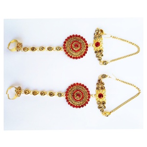 Conjunto de Collar y Aretes Étnicos Indios de Aleación Chapada en Oro, con Cristales Rojos y Diseño Floral, Joyería de Boda para Mujer - Product Image 2