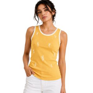 Débardeur côtelé pour femme, jaune doré et blanc, sans manches, brodé, décontracté, été, coupe ajustée, coton extensible, vêtements personnalisés OEM - Product Image 1