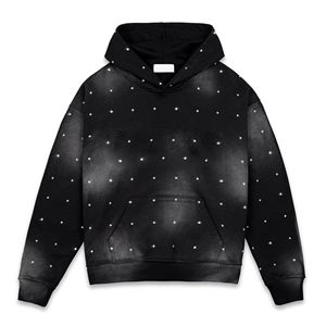 เสื้อฮู้ดดี้ผู้ชายประดับคริสตัลหรูหรา สไตล์วินเทจ สีดำฟอก ย้อมสีแบบแอซิดวอช ทรงโอเวอร์ไซส์ ผ้าหนานุ่ม - Product Image 6