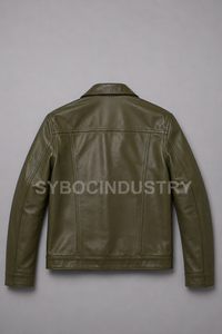 Veste en cuir d'agneau pour homme, style trucker, noir, marron et olive, avec devant à boutons-pression, poches poitrine à rabat, détail plissé. - Product Image 2