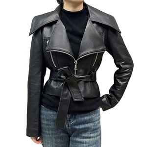 Women's Genuine Leather Moto Jacket With Belted Waist Slash Neck <b>Zipper</b> Closure Full Sleeve Autumn Style Customized design - Product Image 1