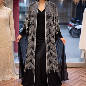 Abaya Larga con Adornos Hechos a Mano |   Kimono de malla con cuentas de diseñador |   Ropa de exterior elegante y natural antiarrugas para la noche - Product Image 2
