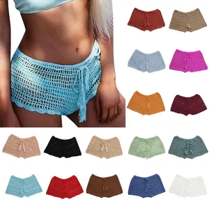 Crocheted Women's Bohemian Shorts Solid Color Knitted Drawstring Waist Breathable Summer Wear Mid Waist Regular Fit - Product Image 1