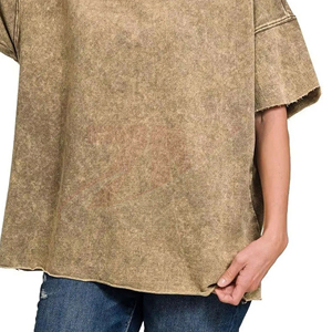 Camiseta Holgada de Mujer con Hombros Caídos, Color Sólido, Cuello Redondo, Manga Corta, 100% Algodón Tejido, Ajuste Holgado, para Todas las Temporadas - Product Image 5