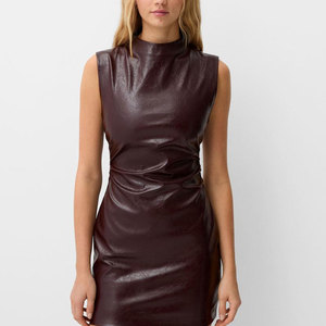 New Winter Design High Quality Dinner Dress Sexy Strapless Neck Leather Slit Maxi Party Leather Dress for Women - Product Image 3