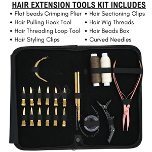Kit de Herramientas para Extensiones de Cabello con Pinzas Profesionales, Set de Agujas para Coser, Cuentas para Extensiones, Pinza Onduladora Dorada, 2 Hilos para Pelucas - Product Image 2