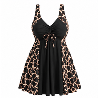 Pakaian Pantai Wanita 2-Piece Plus Size Tanpa Punggung, Halter V-Neck Leopard, Tali Serut, Custom Handmade Print, OEM ODM Pabrik