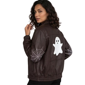 Chaqueta de cuero de oveja marrón hecha a mano |   Chaqueta Bomber Oversize con Parche Reflectante de Fantasma y Bordado de Telaraña, Estilo Espeluznante para Todas las Temporadas - Product Image 3