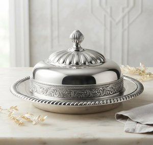 Beurrier rond en argent avec couvercle, design classique gravé, hermétique, vaisselle de cuisine à prix abordable - Product Image 1