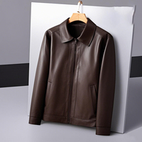 Blouson tendance marron en cuir véritable respirant à col montant pour homme, fermeture éclair, finition lisse, style décontracté chic, vêtement d'extérieur hiver