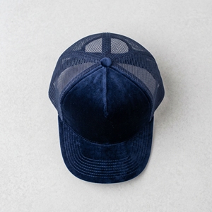 <b>Navy</b> Blue Velvet Mesh Trucker <b>Hat</b> 5 Panel Curved Brim Adjustable Unisex Cap Custom Logo Embroidery Eyelet Four Seasons Casual - Product Image 6