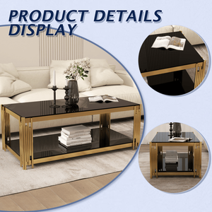 Table de salon rectangulaire noire moderne de 47 pouces avec plateau en verre trempé teinté or, table basse à double niveau - Product Image 4