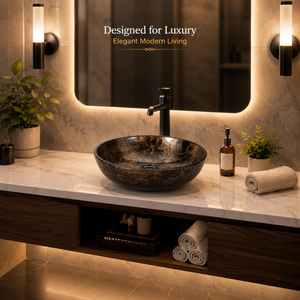 Handcrafted Marble Finish Copper Vessel Wash <b>Basin</b> <b>Round</b> Luxury Countertop Bathroom Sink Designer <b>Basin</b> for Home Hotel Villa - Product Image 3