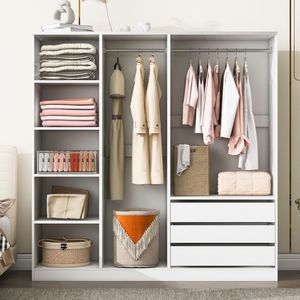 Armadio Bianco in Legno Senza Porte con Ripiani e 3 Cassetti per Camera da Letto - Product Image 1