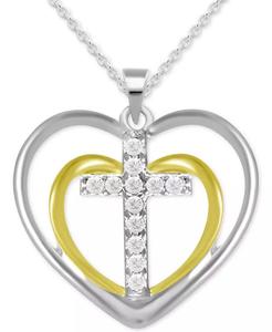 Collana pendente con croce a doppio cuore di diamanti (1/10 ct. T. w.) in argento Sterling e argento Sterling placcato oro 14k | Macacy's - Product Image 1