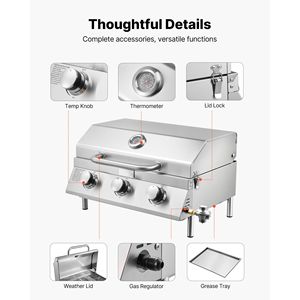 Griglia a Gas Portatile da Tavolo a 3 Bruciatori in Acciaio Inox, con Termometro Integrato, Coperchio Impermeabile e Chiusura di Sicurezza per Viaggi - Product Image 6