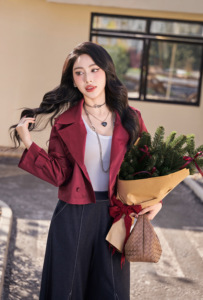 Women's <b>Burgundy</b> Cropped <b>Trench</b> <b>Coat</b> Double Breasted Cotton Twill Jacket Epaulettes Adjustable Cuff Casual Outerwear NORY - Product Image 5