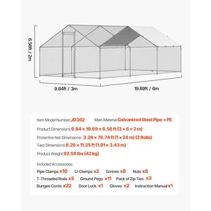 Grande Recinto per Polli in Metallo 9.8x19.6x6.5 ft con Tetto a Spiovente e Chiusura di Sicurezza, Pollaio per Fattorie - Product Image 5