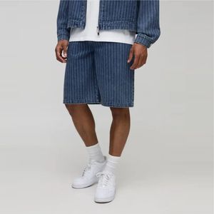 Rubabull Men Custom Striped Denim Shorts <b>Baggy</b> Fit Blue Jean Shorts Casual Streetwear Knee Length <b>Jorts</b> Bulk OEM - Product Image 1