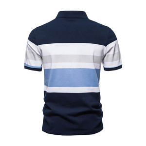 Men's Short Sleeve Striped Knitted <b>Polo</b> Shirt Regular Fit Casual Navy Blue <b>White</b> Light Blue Color Blocked Design - Product Image 3
