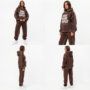 <b>Drop</b> Shoulder Distressed Embroidered Hoodie French Terry Sweatpants Set Outer Seam Pullover Fleece Hood Winter Jogger Track Set - Product Image 5