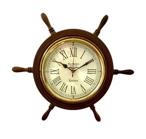 Reloj de Pared con Forma de Timón de Barco, Acabado en Latón y Madera, Movimiento de Cuarzo Silencioso, Reloj Decorativo Marítimo, Decoración Costera para el Hogar - Product Image 1