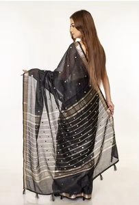 Sari en Coton Premium pour Femme, Broderie Dorée Ornamentale Moderne, Séchage Rapide, Infroissable, Vêtement Ethnique Indien Élégant - Product Image 3