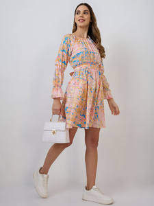 Vestido midi formal acampanado con estampado floral y cuello redondo para mujer, con mangas abullonadas y dobladillo suelto, lavable. - Product Image 5