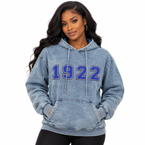 เสื้อฮู้ดดี้ผ้าเดนิมสีน้ำเงิน ปี 1922 ปักลายเชนิลล์ หมายเลขปัก  แบบสวมหัว มีกระเป๋าจิงโจ้ ล้างสีแบบแอซิดวอช สไตล์ลำลอง เสื้อผ้าสำหรับทุกเพศ - Product Image 1