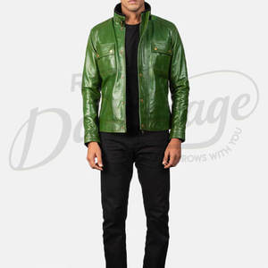 พรีเมี่ยม เมน เลิม กรีน เสื้อแจ็คเก็ตหนัง ปกแบบมีหัวเข็มขัดสไตล์เรโทร กระเป๋าหลายช่อง ทรงเข้ารูป หนังแท้ แฟชั่นลำลอง - Product Image 3
