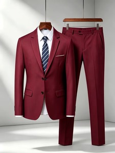Traje de Negocios de Lujo para Hombre, Color Rojo Vino Borgoña, 100% Algodón Velour, 2 Piezas, Corte Entallado, Formal, para Boda, Novio, Graduación, Blazer - Product Image 1