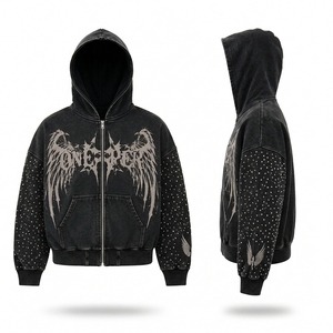 Sweat à capuche noir gothique pour homme avec fermeture éclair, motif ailes d'ange, manches ornées de strass, coupe oversize, streetwear, sweat à capuche personnalisé, vente en gros - Product Image 4