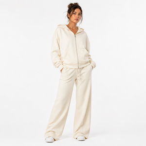 Custom Women's Oversized Zip Up Hoodie Wide Leg Sweatpants Lounge <b>Set</b> Premium Fleece Tracksuit OEM ODM Private Label - Product Image 1