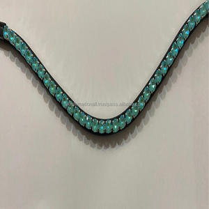 Bandeau de sourcils de cheval noir 100% en cuir véritable à vague profonde avec 1 rangée de grands cristaux ronds aqua bling, toutes tailles - Product Image 6