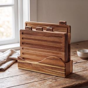 Juego de 4 tablas de cortar de acacia con soporte, tablas de madera para carne, pescado, verduras y pan, tablas de preparación de cocina con recogedor de migas - Product Image 5