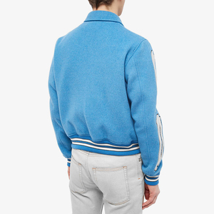 Veste Bomber Vintage en Laine Unisexe Personnalisée avec Patchs Osselets Bleus pour Hommes – Style Streetwear et Universitaire – Vente en Gros - Product Image 3