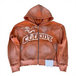Sudadera con capucha y cremallera extragrande con logo personalizado, efecto desgastado, de alta calidad, 400 GSM, con lavado efecto descolorido por el sol y pedrería. - Product Image 4