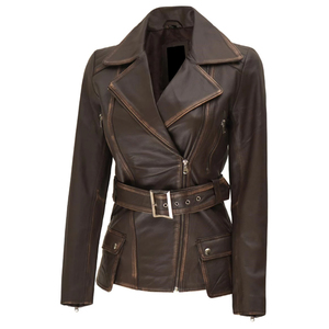 ELEGANT CORPORATION Women's Polyester Shell Leather Jacket Full Sleeve Zipper Closure Turn-<b>down</b> Collar Belted Design Breathable - Product Image 2