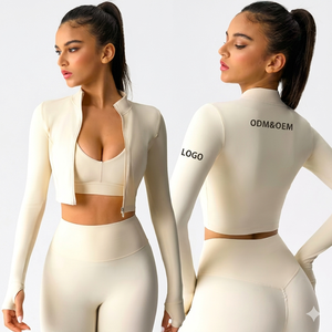 Women's Ribbed <b>Yoga</b> Set 3PC Seamless High-Waist Leggings Thumbhole Crop <b>Jacket</b> & V-Neck Bra Custom Logo ODM/OEM Gym Studio Wear - Product Image 4