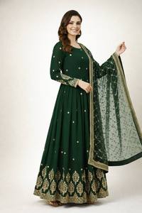 Costume Anarkali vert traditionnel pour femmes avec broderie dorée, longueur au sol, en soie, pour mariage, style Inde Pakistan - Product Image 2