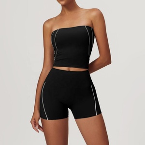 Conjunto de Yoga sin Tirantes para Mujer, Color Azul Sólido, Pantalones Cortos de Cintura Alta, Dos Piezas, Ropa Deportiva, Costuras en Contraste, Ropa de Entrenamiento sin Costuras - Product Image 6