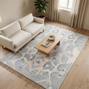 Tapis de zone personnalisé en laine tuftée à la main, écologique, antidérapant, à poils épais, bleu poudré ivoire, motif médaillon vieilli, pour hôtels, villas et salons - Product Image 4