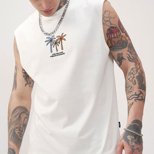 Camiseta sin Mangas Blanca para Hombre, Cuello Redondo, con Estampado de Palmeras, Informal, Transpirable, Corte Regular, de Algodón - Product Image 5